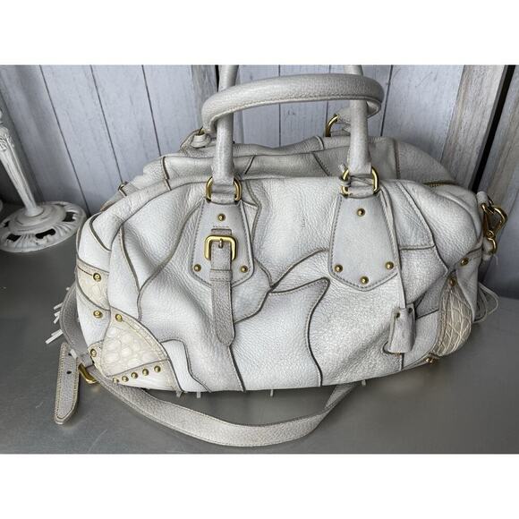 Prada Taupe Gold Leather Antik Cervo Fringe Large Bowler Bag Top Handle - Picture 5 of 16